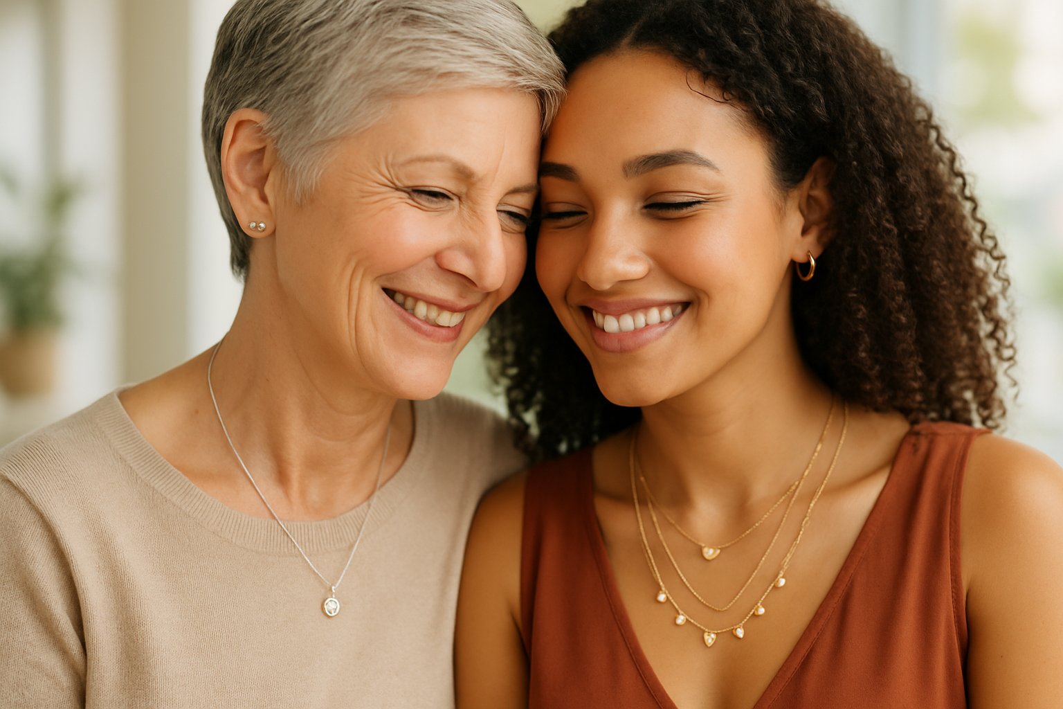 Two women smiling warmly at each other, both wearing necklaces, in a softly lit indoor setting.