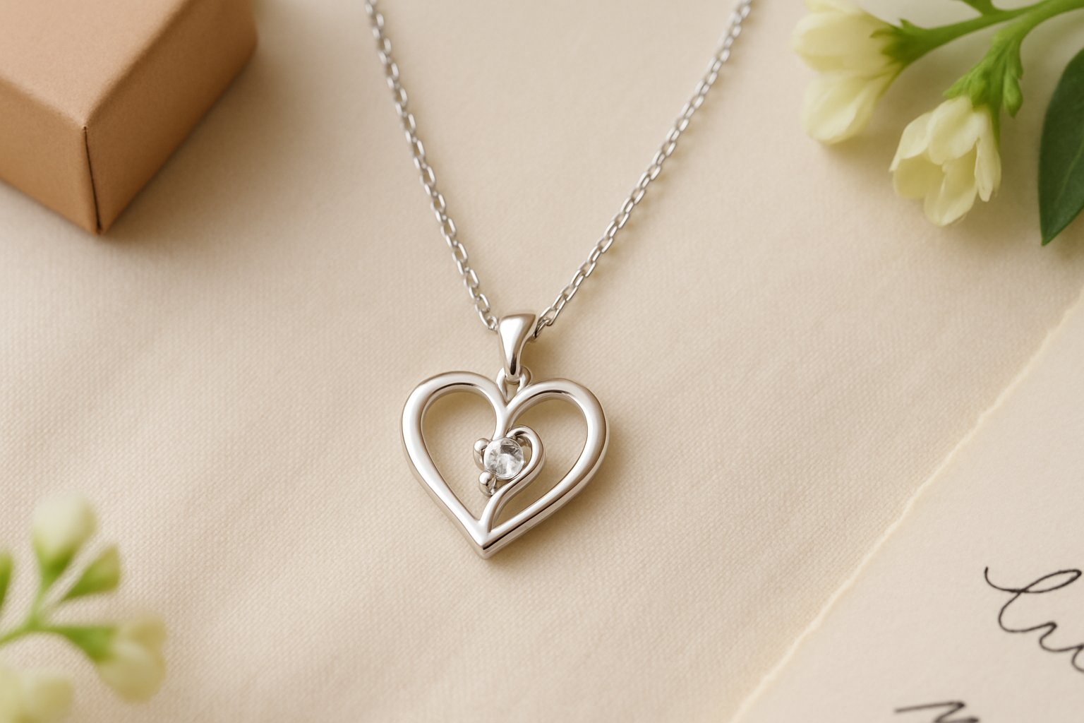 A delicate heart-shaped necklace with a small gemstone on a soft fabric background, accompanied by a gift box and flowers.