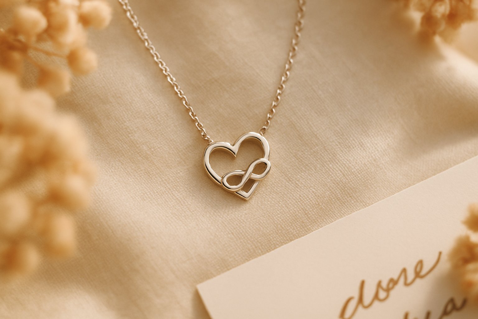 Close-up of a delicate necklace with a heart-shaped pendant resting on soft fabric, surrounded by blurred flowers and warm natural light.