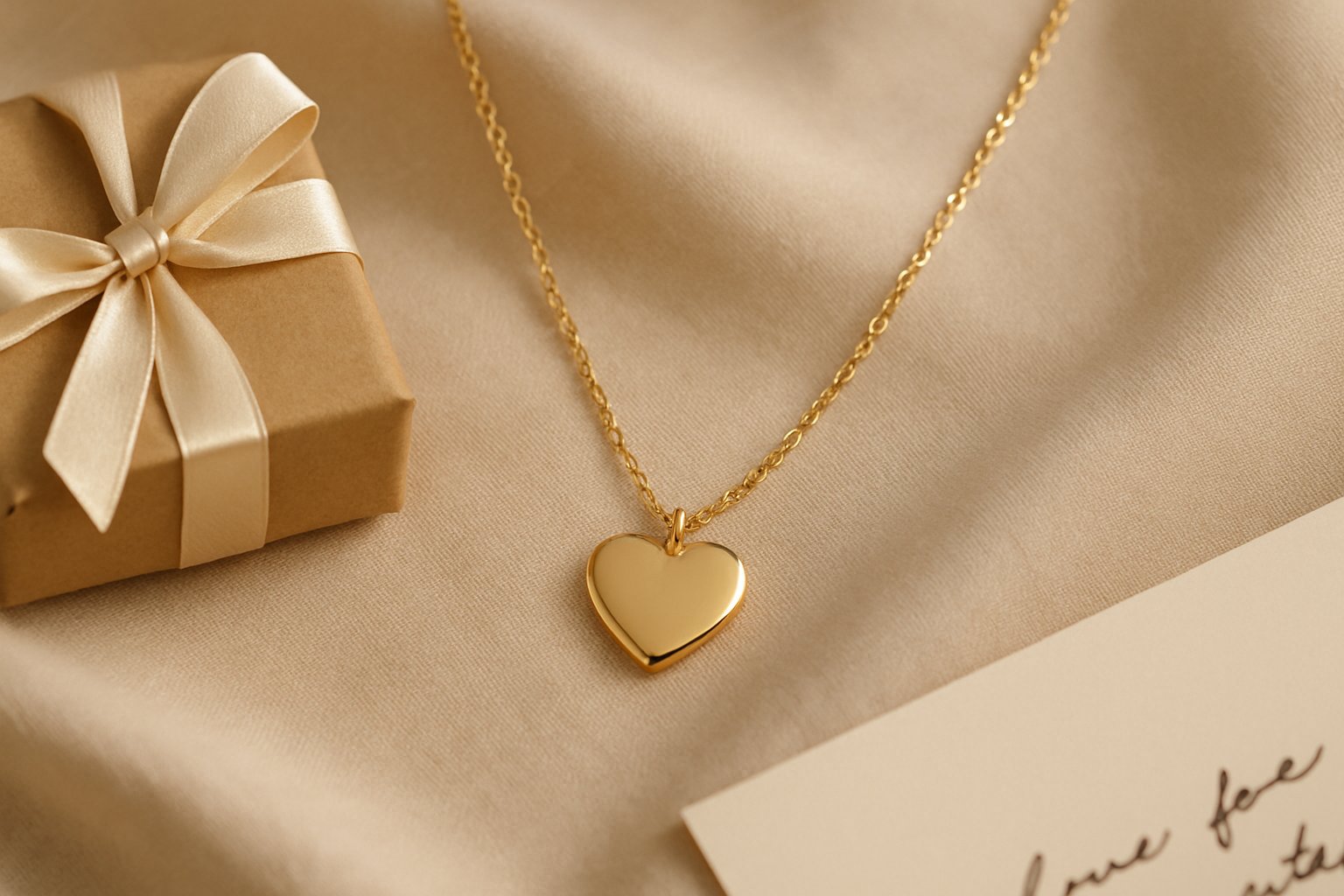 Close-up of a delicate necklace with a heart-shaped charm on soft fabric, accompanied by a small gift box and a handwritten note.