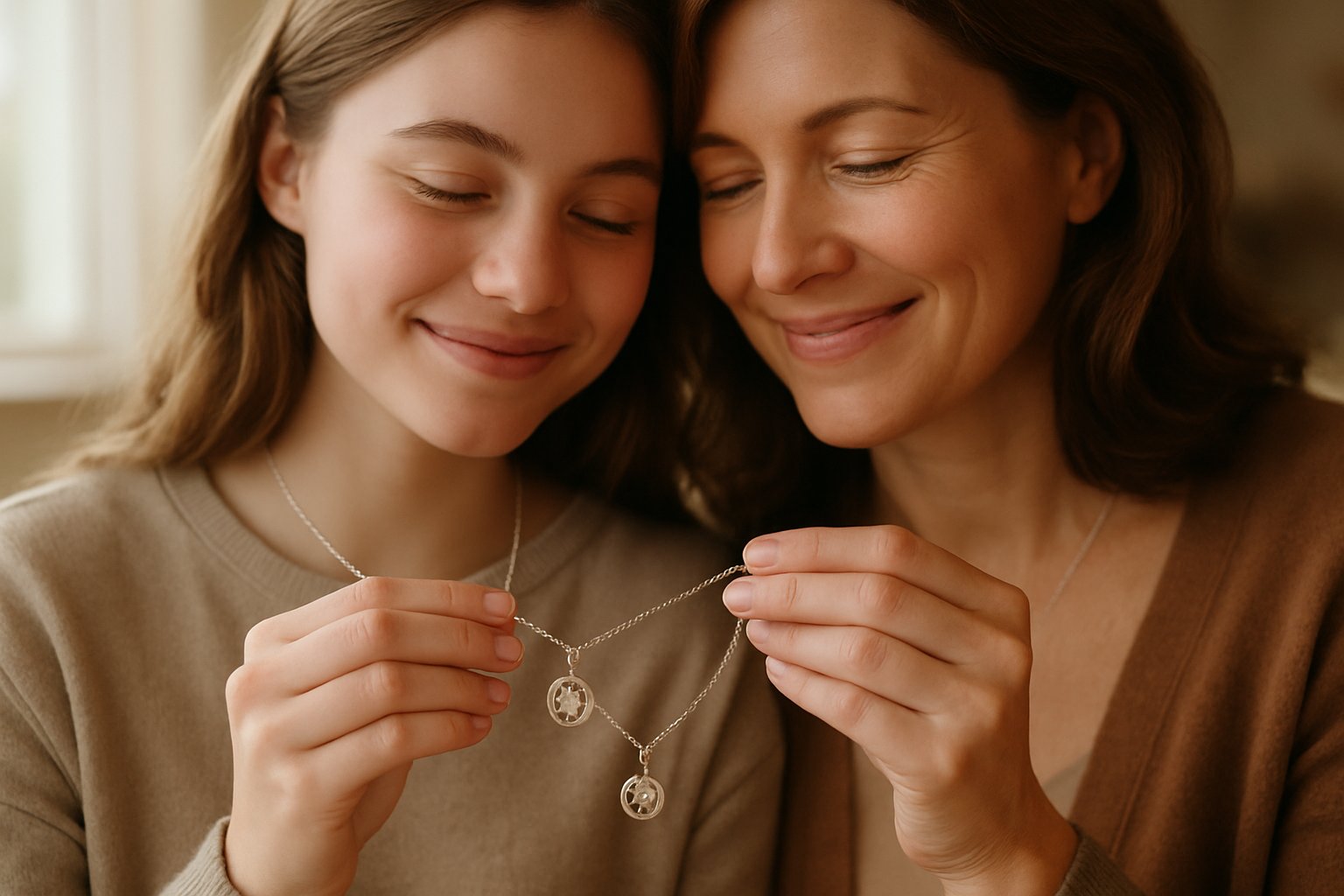 A mother and her bonus daughter smiling while holding matching necklaces together.