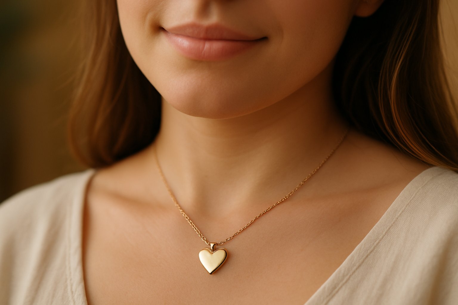 Close-up of a woman wearing a heart-shaped necklace on her collarbone, symbolizing love and connection.