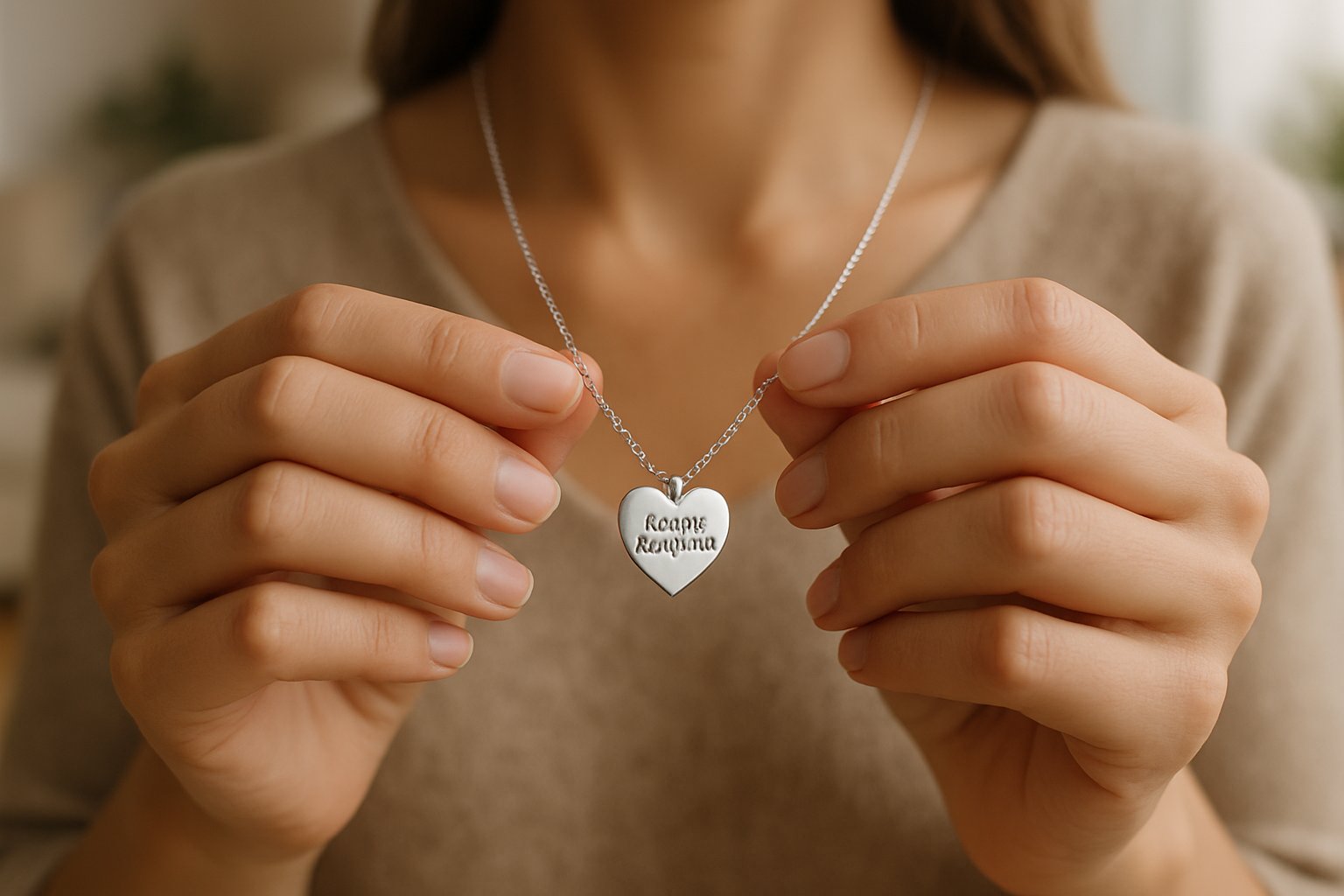 Close-up of a woman holding a heart-shaped necklace with a blurred cozy room in the background.