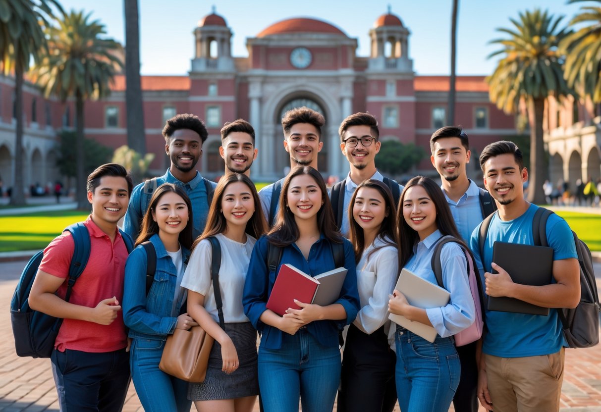 45 Fully Funded Scholarships at Stanford University 2026 2 A group of diverse students smiling and standing together on the Stanford University campus with historic buildings and palm trees in the background.