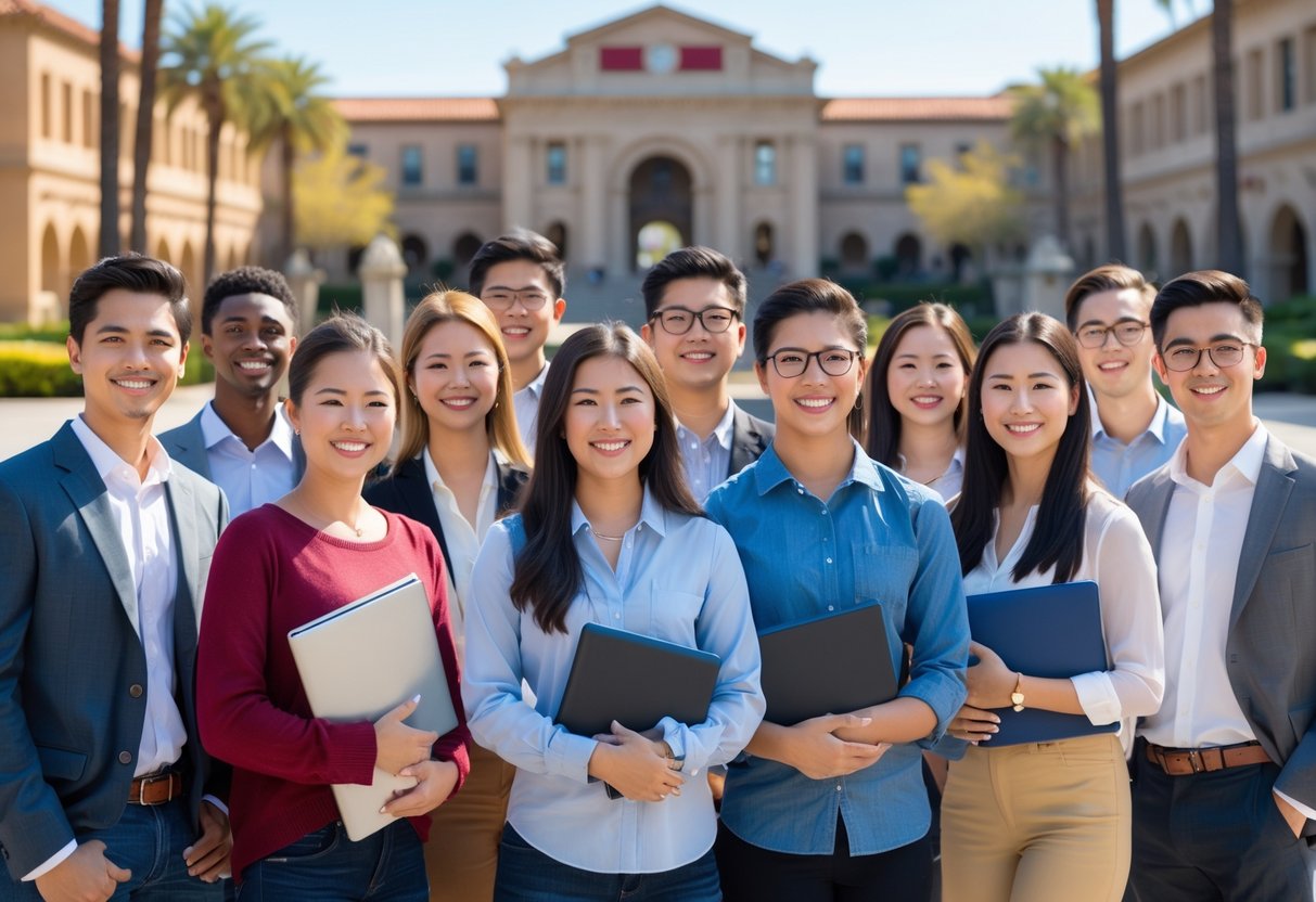 45 Fully Funded Scholarships at Stanford University 2026 3 A diverse group of young adults standing together on a university campus with historic buildings and palm trees in the background.