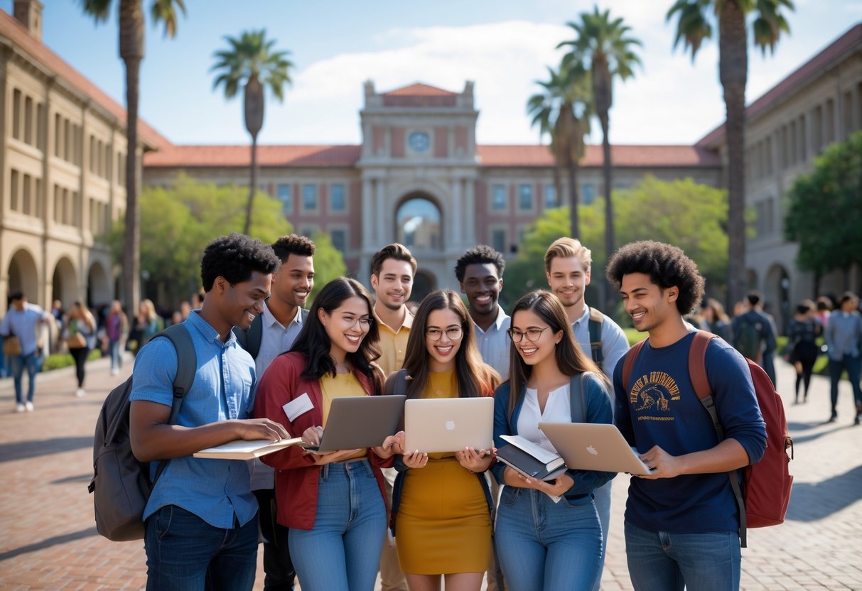 45 Fully Funded Scholarships at Stanford University 2026 4 A diverse group of college students studying and talking together outdoors on the Stanford University campus with campus buildings and palm trees in the background.