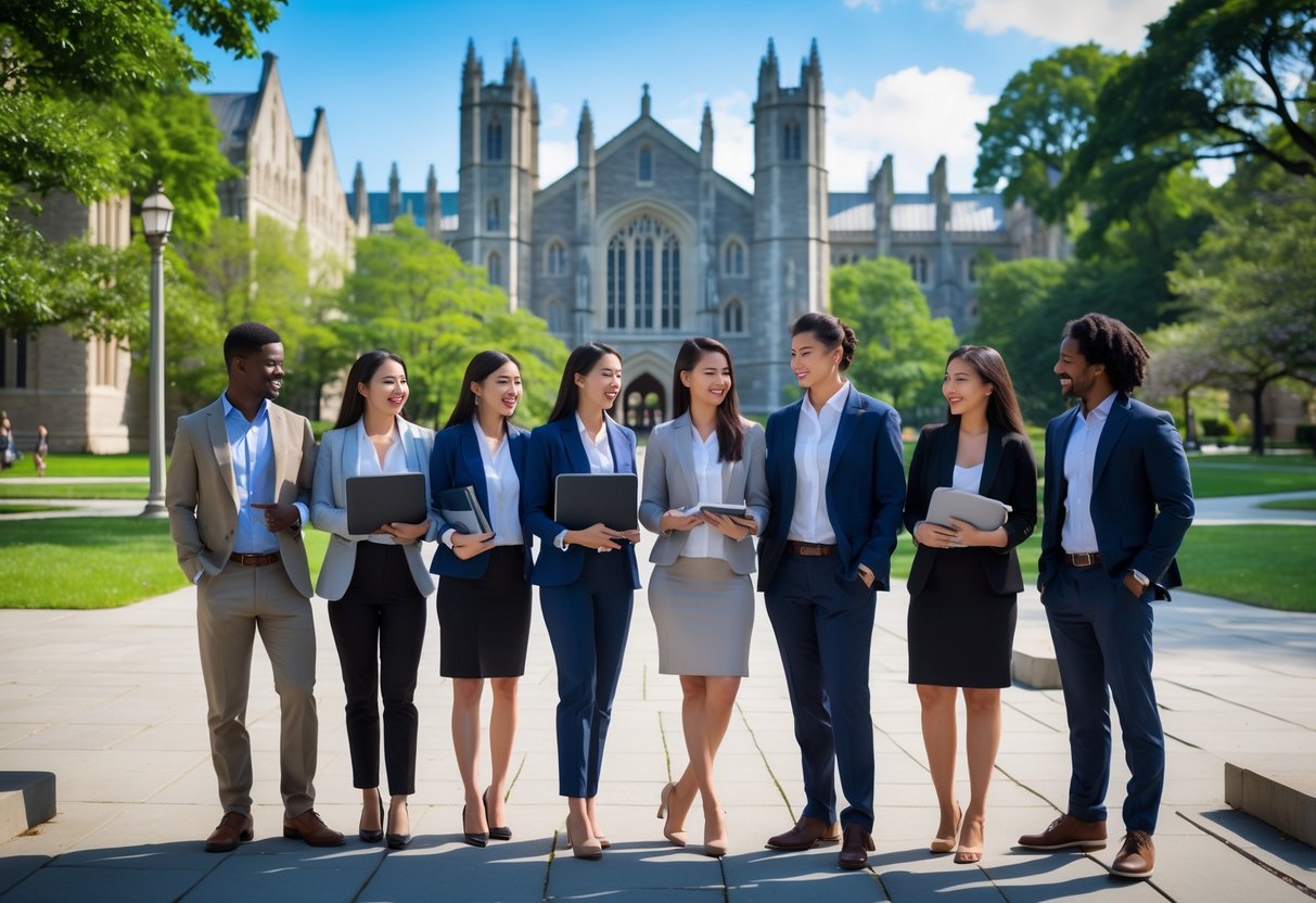 45 Fully Funded Scholarships at Yale University 2026 5 A group of diverse graduate students standing and talking on the Yale University campus with historic buildings and trees in the background.