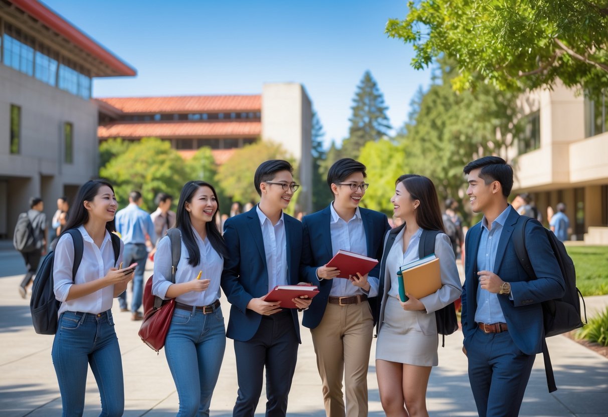 45 Fully Funded Scholarships at Stanford University 2026 5 A group of diverse young graduate students smiling and talking outdoors on a university campus with modern buildings and greenery in the background.