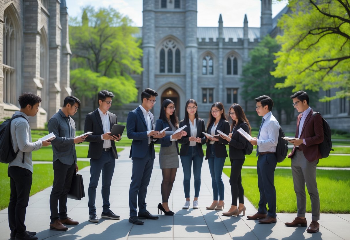 45 Fully Funded Scholarships at Yale University 2026 7 A diverse group of graduate students studying and discussing on a university campus with historic buildings and green lawns.