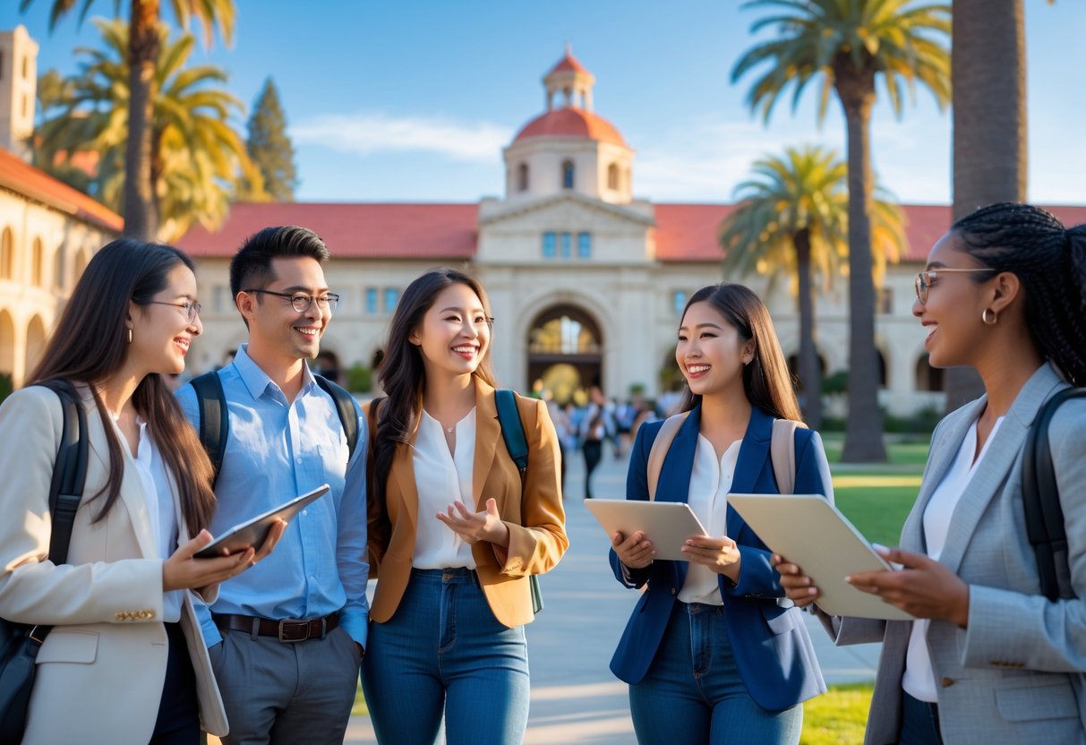 45 Fully Funded Scholarships at Stanford University 2026 6 Graduate students discussing outdoors on a university campus with distinctive Stanford architecture in the background.