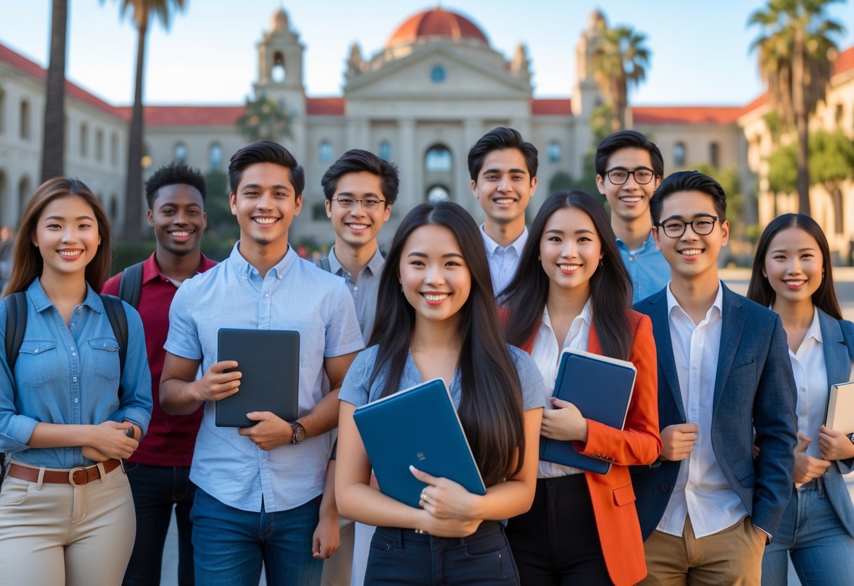 45 Fully Funded Scholarships at Stanford University 2026 7 A group of diverse young adults smiling on the Stanford University campus with its iconic buildings and palm trees in the background on a sunny day.