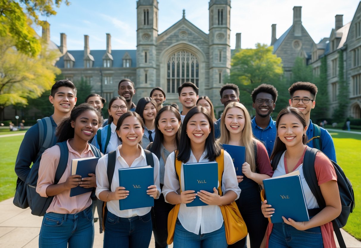 45 Fully Funded Scholarships at Yale University 2026 9 A diverse group of smiling college students standing on a university campus with historic buildings and green lawns in the background.