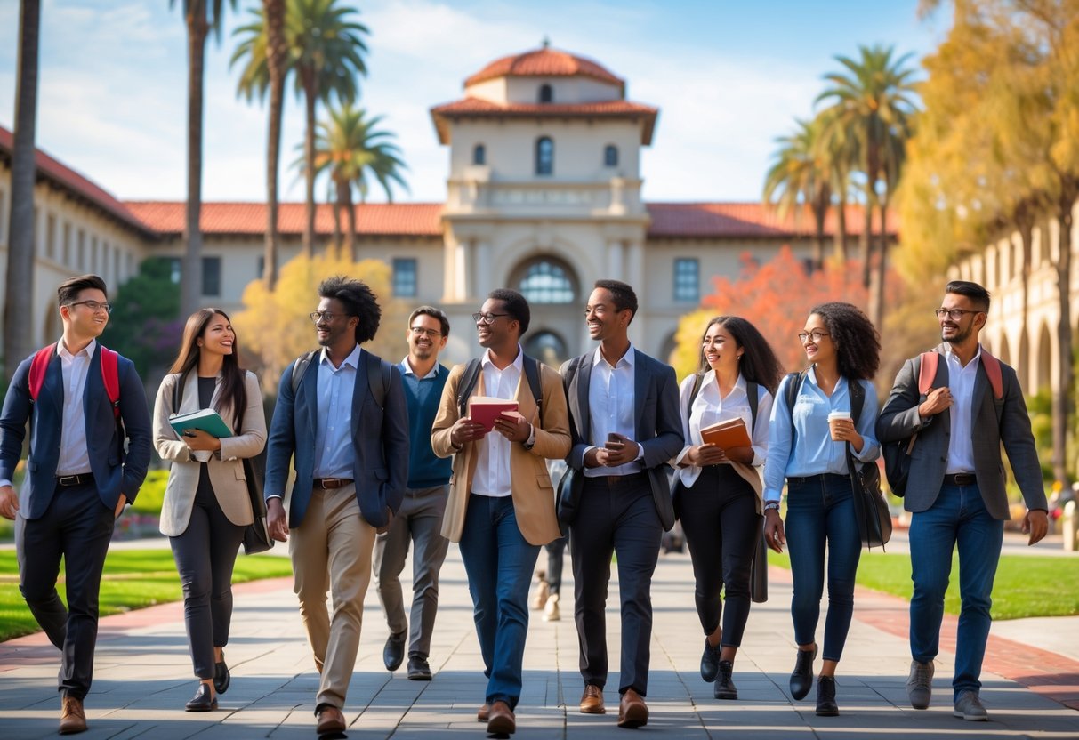 45 Fully Funded Scholarships at Stanford University 2026 9 A group of diverse graduate students walking on a university campus with iconic buildings and palm trees in the background.