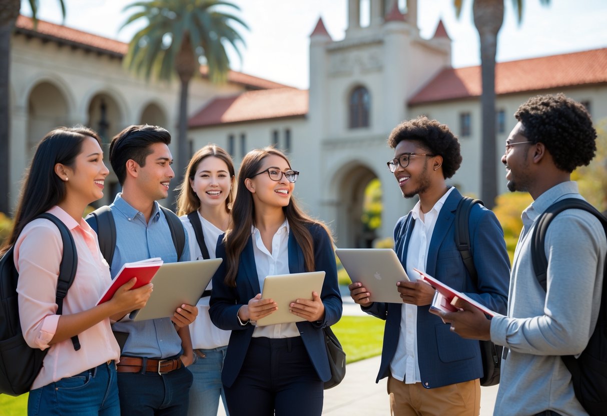 45 Fully Funded Scholarships at Stanford University 2026 11 A group of diverse graduate students talking and studying together outdoors on a sunny day at Stanford University campus.
