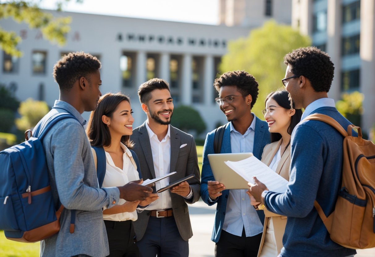 45 Fully Funded Scholarships at Stanford University 2026 12 A group of young adults discussing together outdoors on a university campus with modern buildings and greenery in the background.