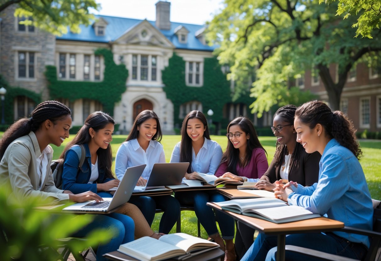 45 Fully Funded Scholarships at Yale University 2026 13 A group of diverse graduate students studying together outdoors on a university campus with classic buildings and greenery in the background.