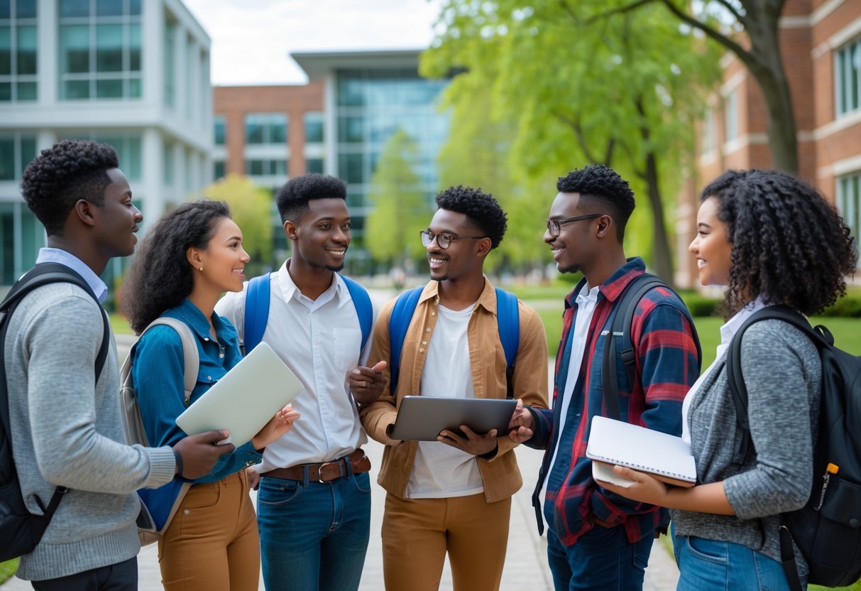 45 Fully Funded Scholarships at Yale University 2026 14 A group of diverse students talking and studying together outside on a university campus with modern buildings and trees in the background.