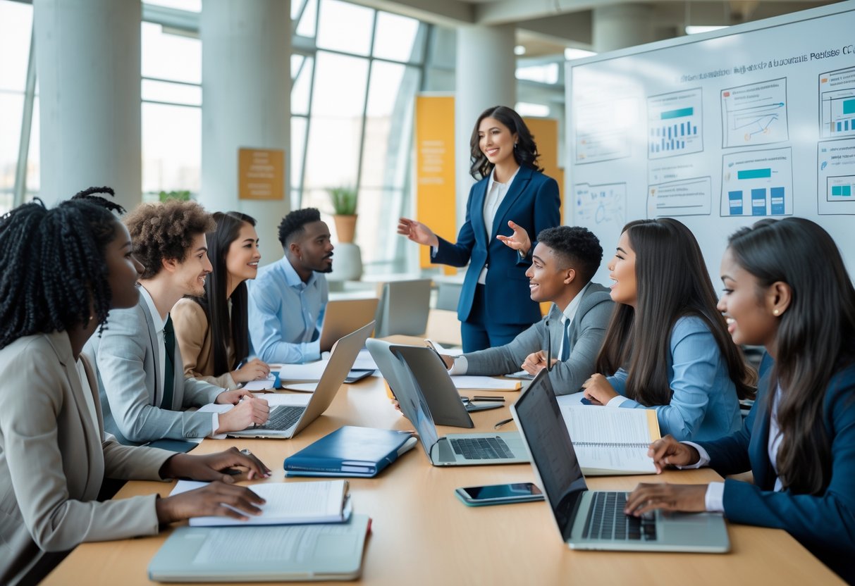 45 Fully Funded Scholarships at Stanford University 2026 15 A group of graduate students studying together with a teaching assistant explaining concepts on a whiteboard in a bright university room.