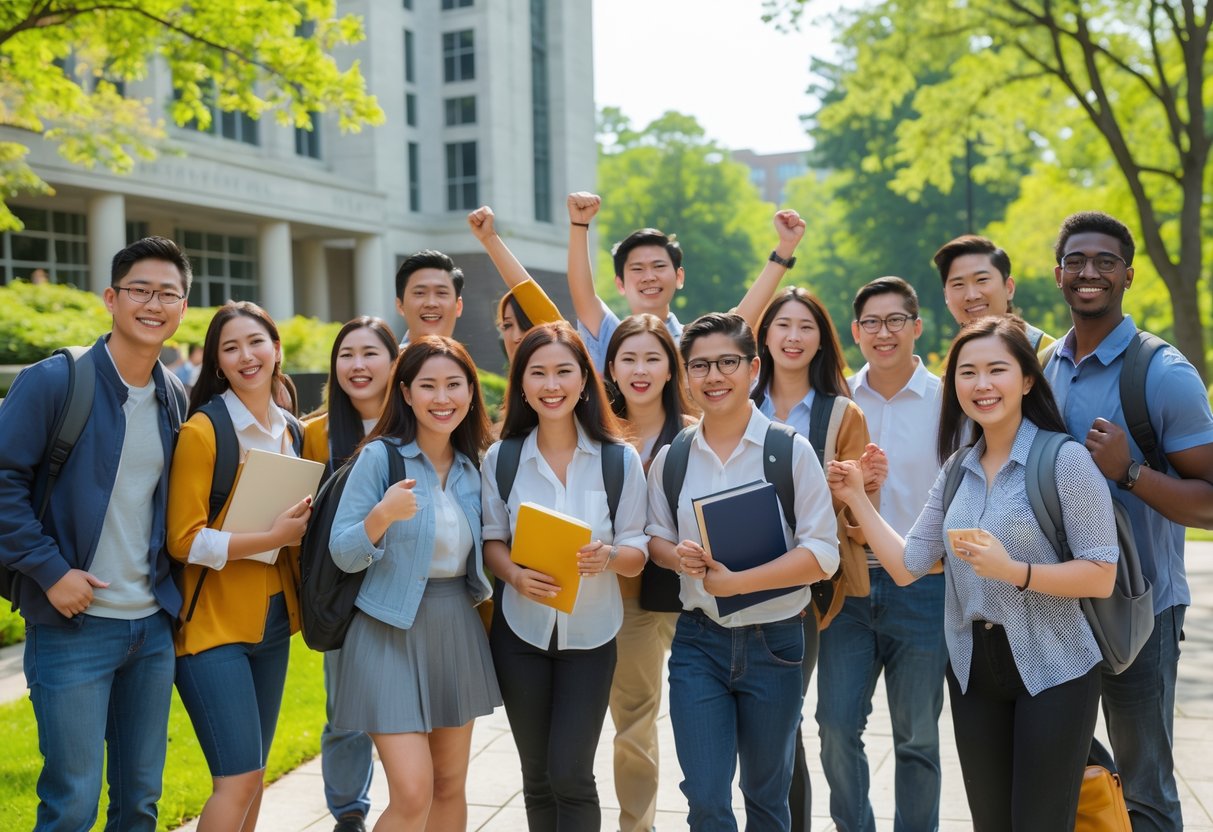 45 Fully Funded Scholarships at Yale University 2026 16 A diverse group of young adults and families smiling and standing together on a university campus with a modern academic building in the background.