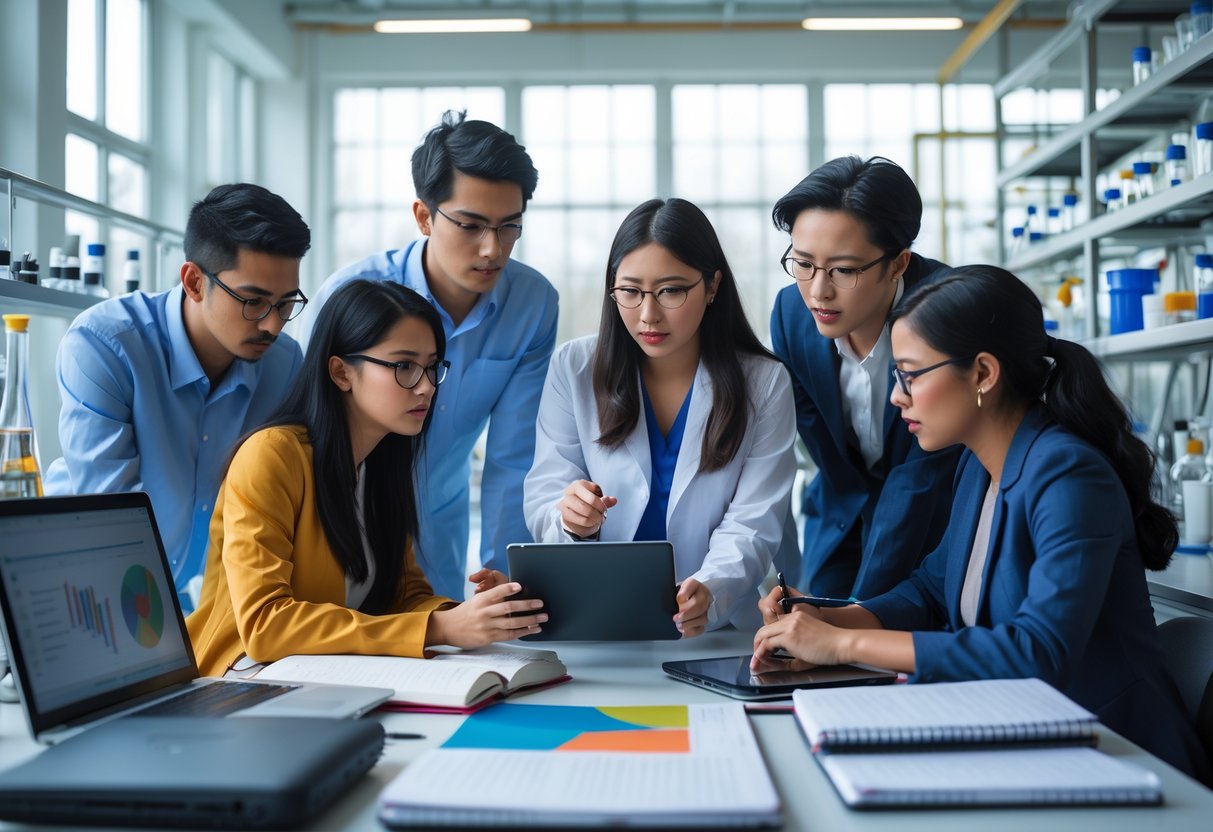 45 Fully Funded Scholarships at Stanford University 2026 16 A group of university students working together in a bright research lab with scientific equipment and laptops.