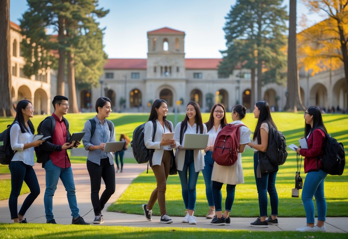 45 Fully Funded Scholarships at Stanford University 2026 17 A group of diverse students studying and talking outdoors on the Stanford University campus with historic buildings and green lawns in the background.