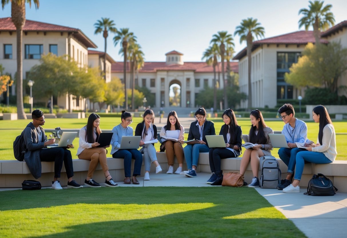 45 Fully Funded Scholarships at Stanford University 2026 18 A group of diverse students studying and talking together outdoors on a university campus with buildings and palm trees in the background.