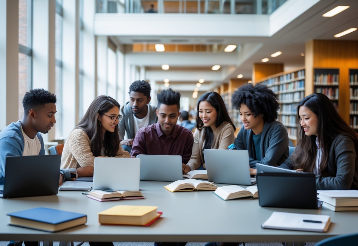 45 Fully Funded Scholarships at Yale University 2026 19 A diverse group of students studying together in a bright university library with laptops and books.