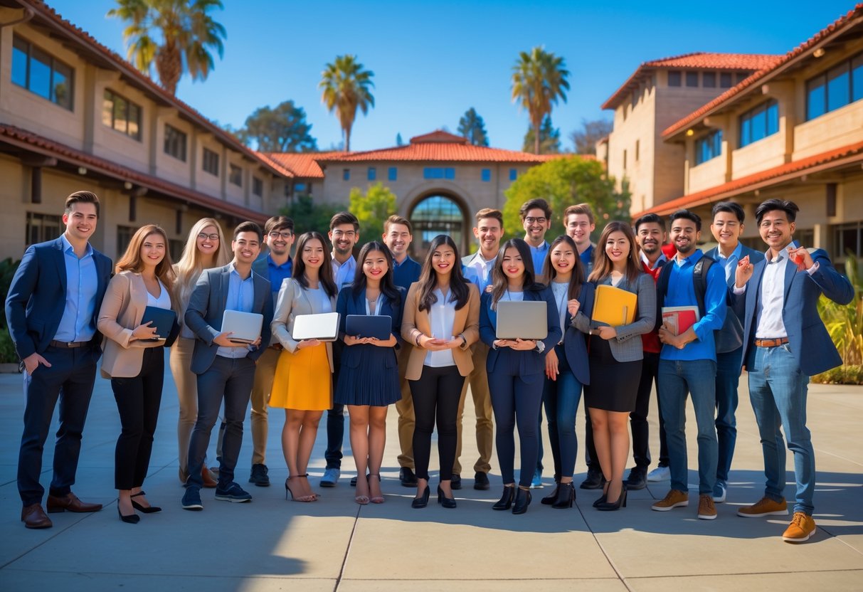 45 Fully Funded Scholarships at Stanford University 2026 19 A group of diverse young adults smiling and celebrating outside a university campus building on a sunny day.
