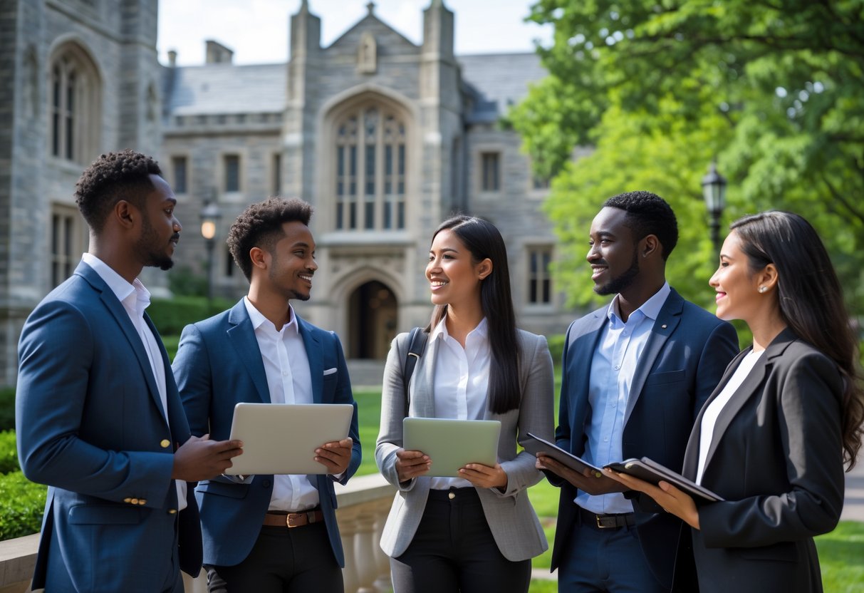 45 Fully Funded Scholarships at Yale University 2026 20 A group of diverse postgraduate students talking outdoors on a university campus with classic stone buildings and greenery in the background.