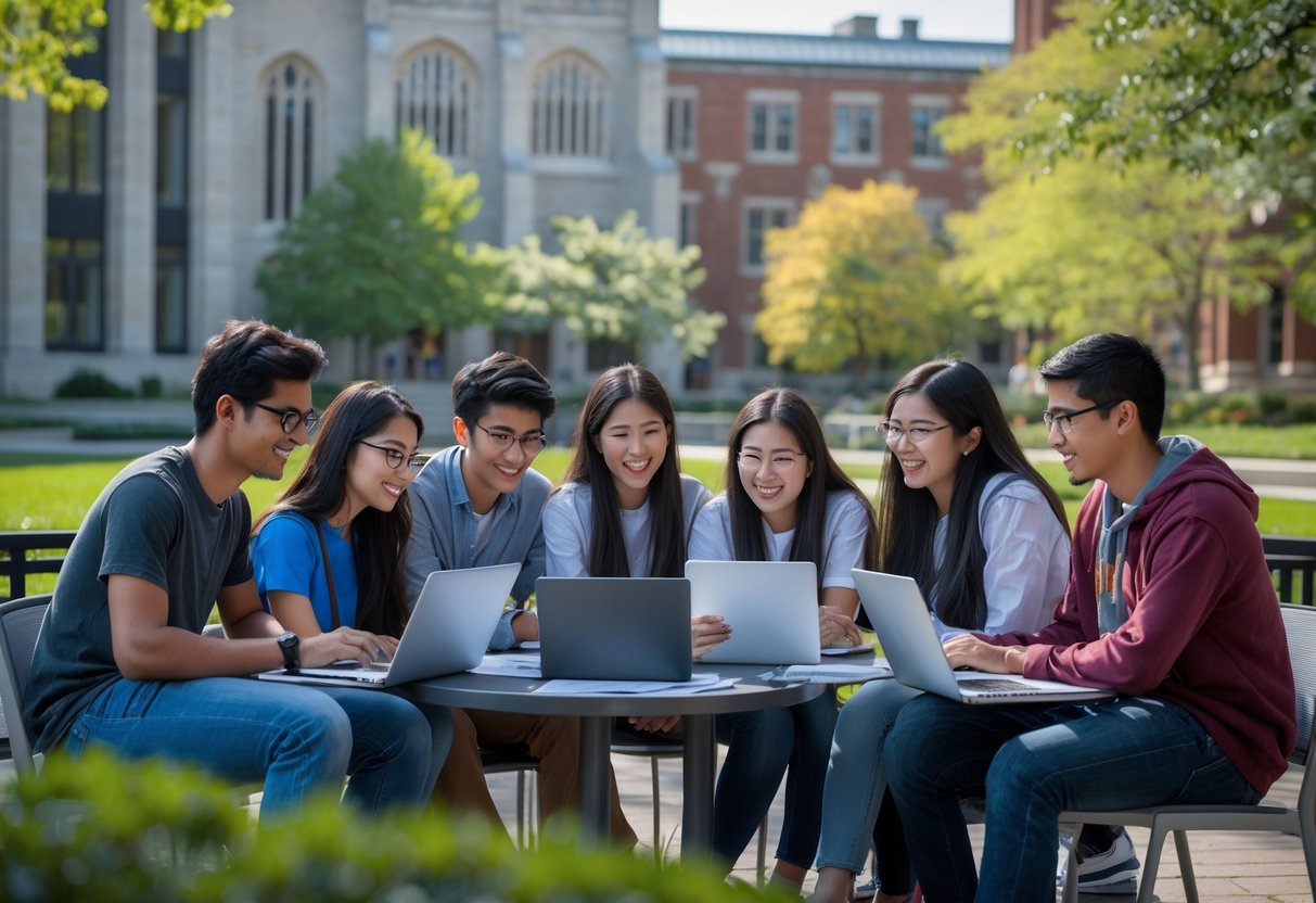 45 Fully Funded Scholarships at Yale University 2026 21 A diverse group of students studying and collaborating outdoors on a university campus with modern buildings in the background.