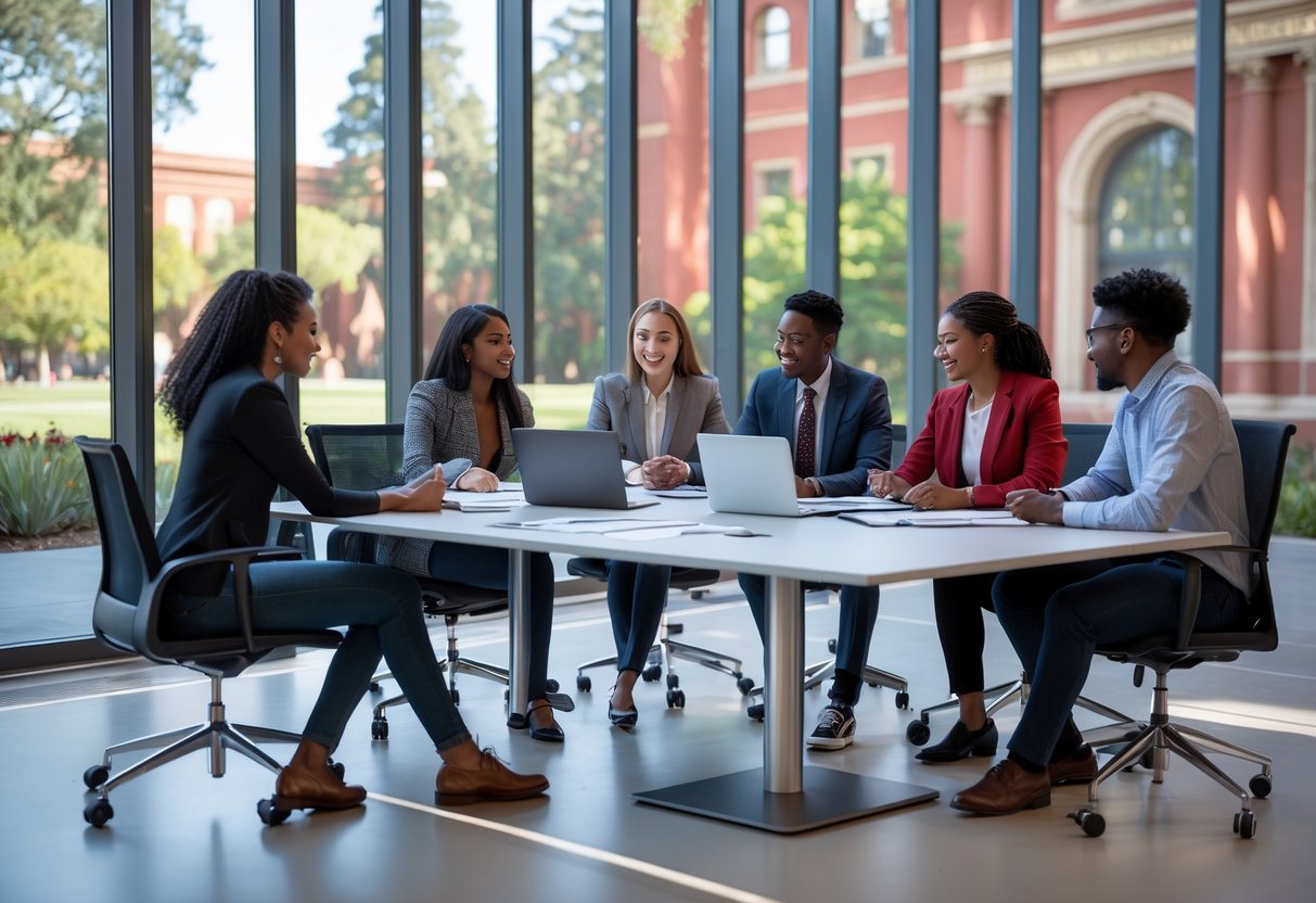 45 Fully Funded Scholarships at Stanford University 2026 21 A group of diverse young adults collaborating in a bright office with large windows and Stanford University buildings visible outside.
