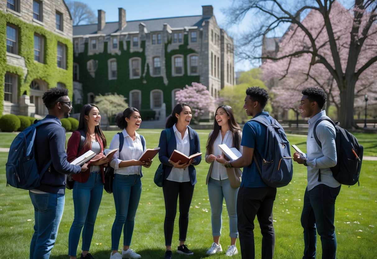 45 Fully Funded Scholarships at Yale University 2026 23 A diverse group of students talking outdoors on a university campus with historic buildings and green lawns.