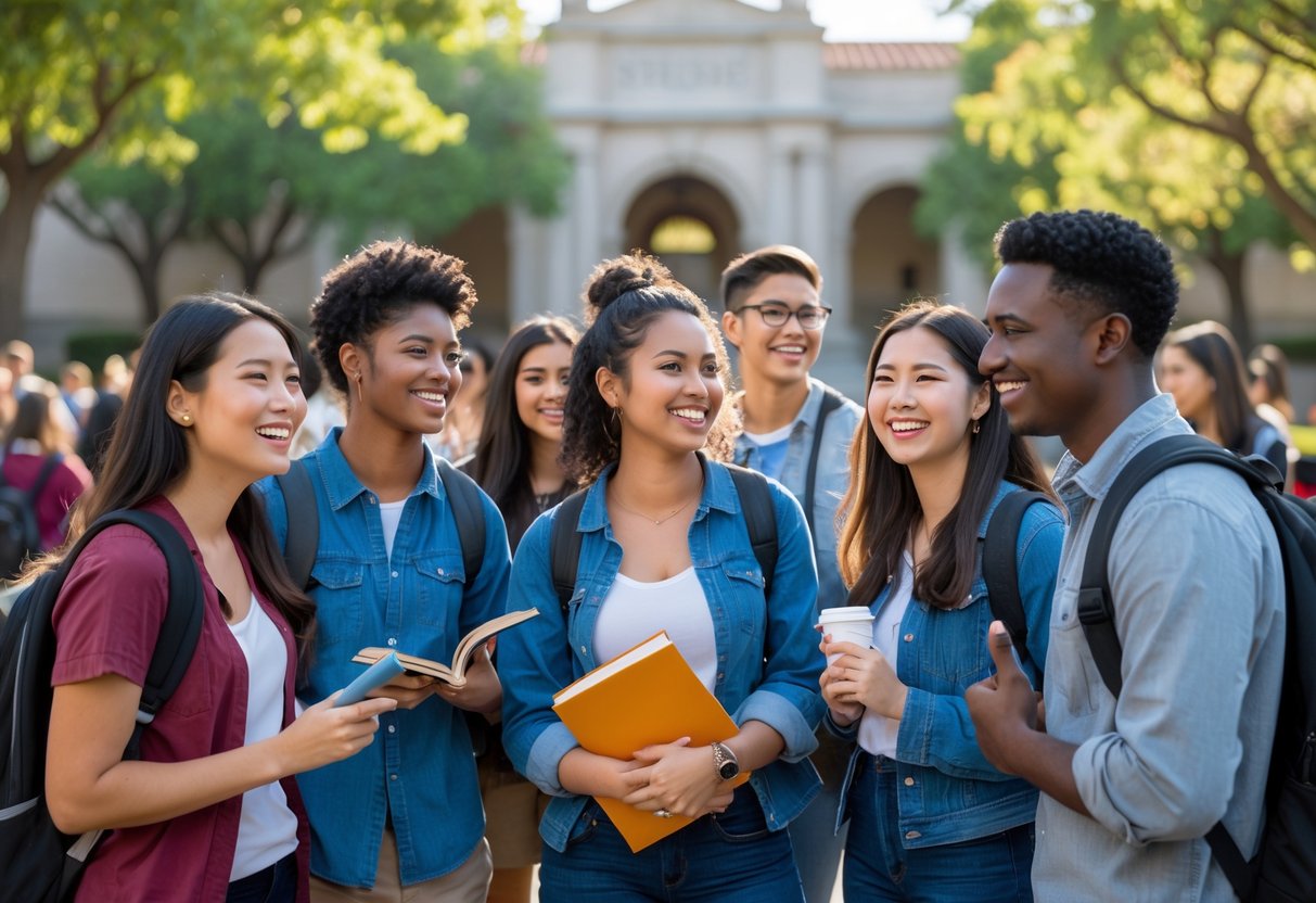 45 Fully Funded Scholarships at Stanford University 2026 22 A diverse group of students smiling and talking together outdoors on a university campus with trees and buildings in the background.