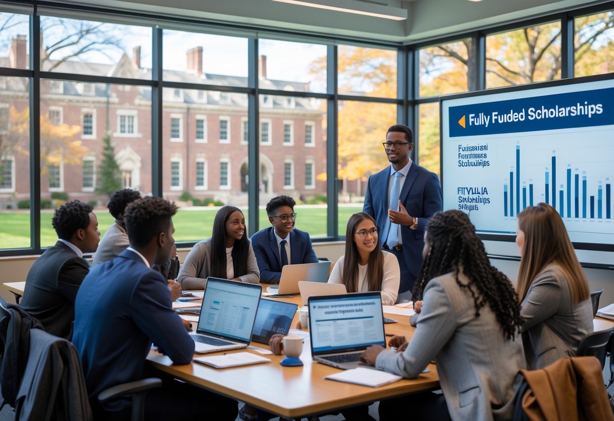 45 Fully Funded Scholarships at Yale University 2026 25 A group of college students attending a financial aid workshop in a university classroom with an instructor explaining scholarship information.