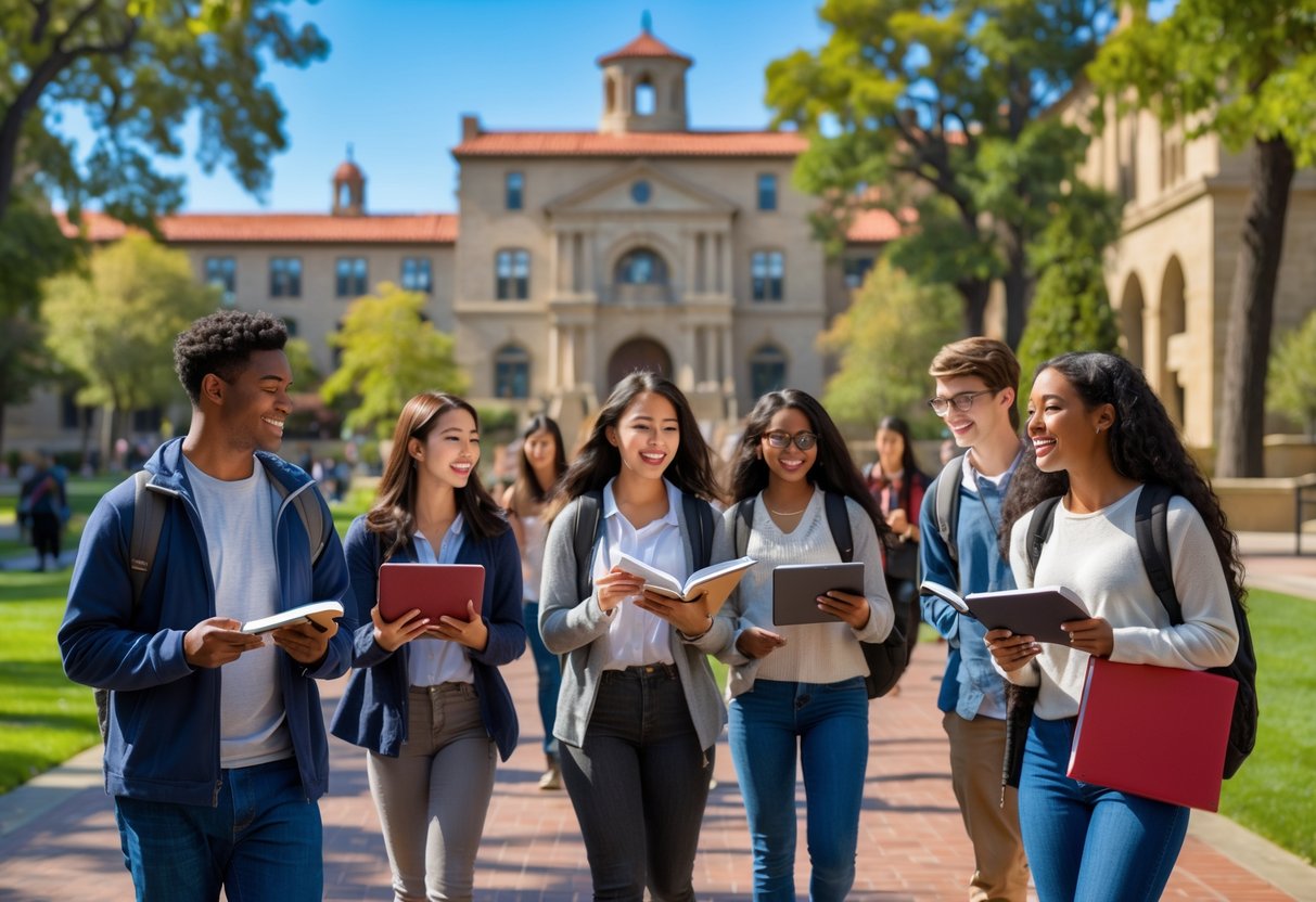45 Fully Funded Scholarships at Stanford University 2026 23 A diverse group of college students studying and interacting on the Stanford University campus with its distinctive buildings in the background.
