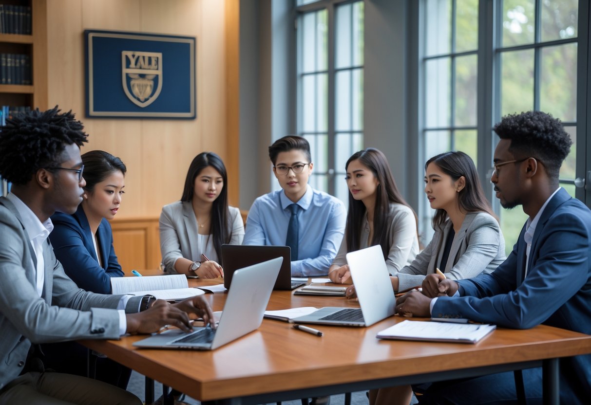 45 Fully Funded Scholarships at Yale University 2026 26 A group of young adults preparing for an interview in a bright study room with laptops and notebooks.