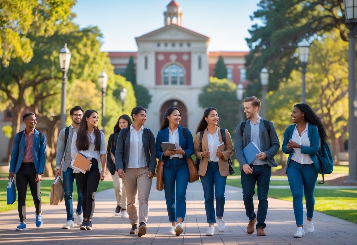 45 Fully Funded Scholarships at Stanford University 2026 24 A group of diverse graduate students walking and talking on a university campus with buildings and trees in the background.