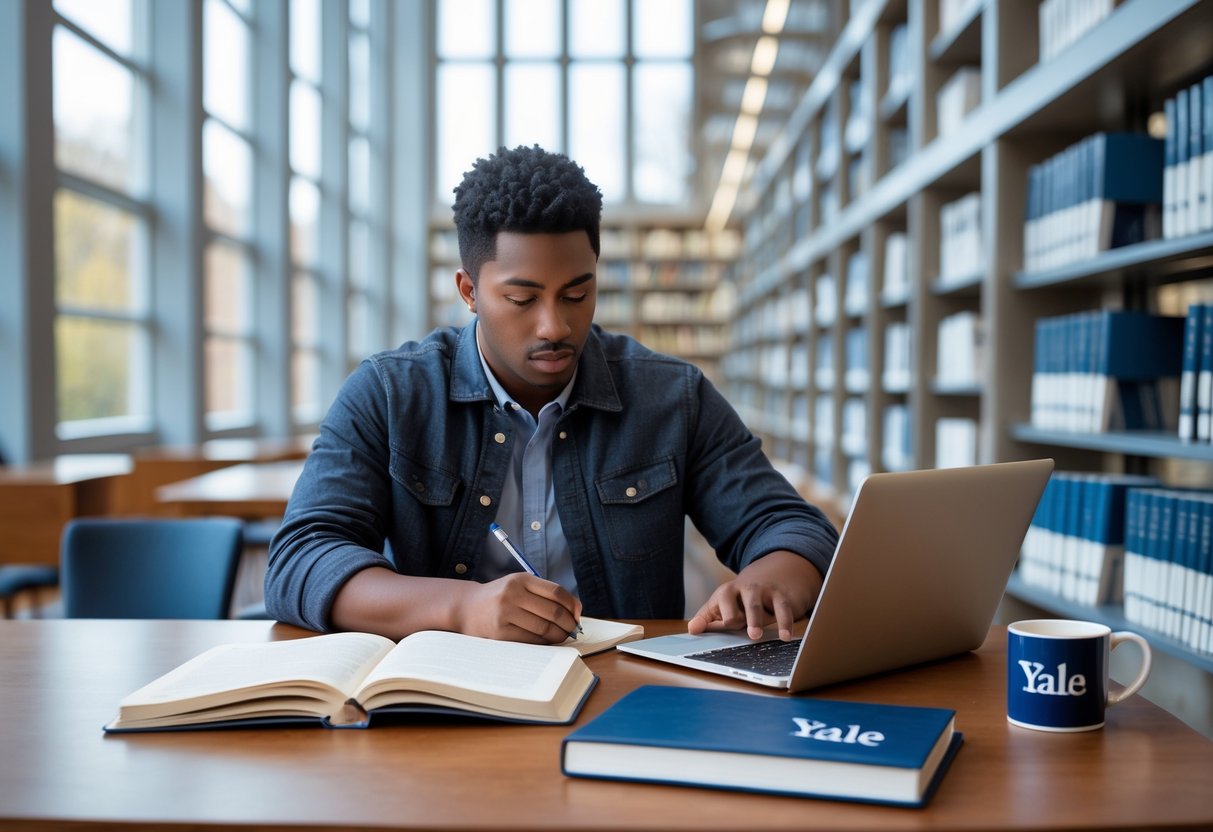 45 Fully Funded Scholarships at Yale University 2026 27 A college student studying at a desk in a bright university library with books and a laptop.