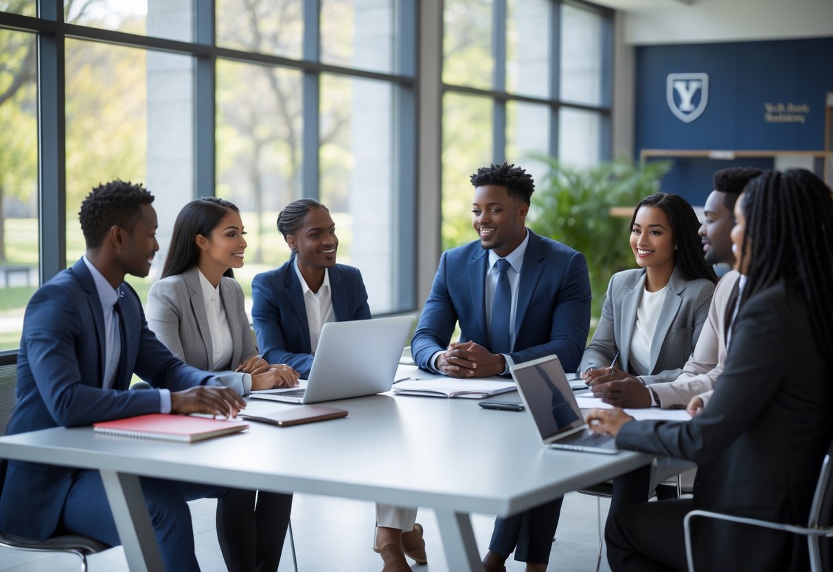45 Fully Funded Scholarships at Yale University 2026 28 A group of young adults participating in a scholarship interview in a bright university room with large windows and bookshelves.