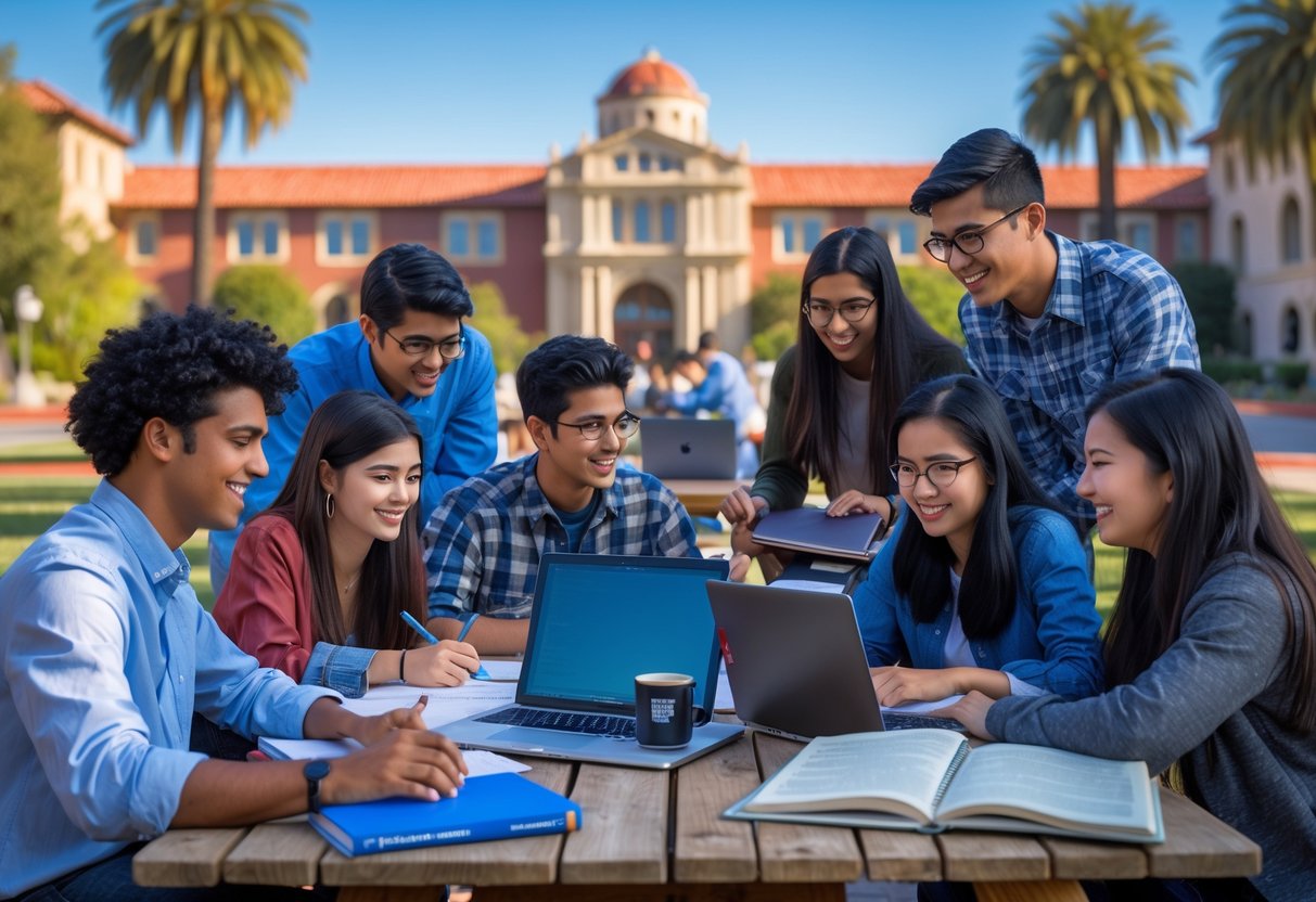 45 Fully Funded Scholarships at Stanford University 2026 25 A group of diverse engineering students studying together outdoors on the Stanford University campus with iconic buildings and palm trees in the background.
