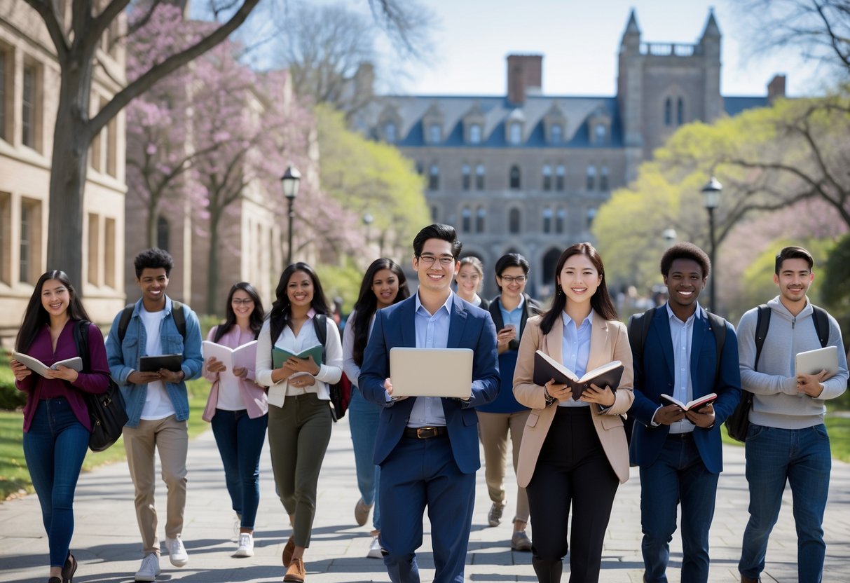 45 Fully Funded Scholarships at Yale University 2026 29 A group of diverse university students studying and walking on the Yale University campus with historic buildings in the background.