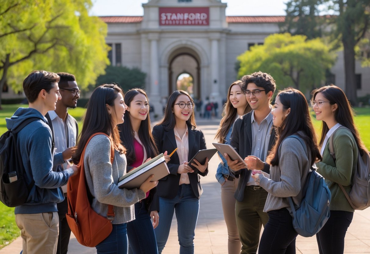 45 Fully Funded Scholarships at Stanford University 2026 26 A group of diverse students studying and talking together outdoors on a university campus with red brick buildings and green trees in the background.