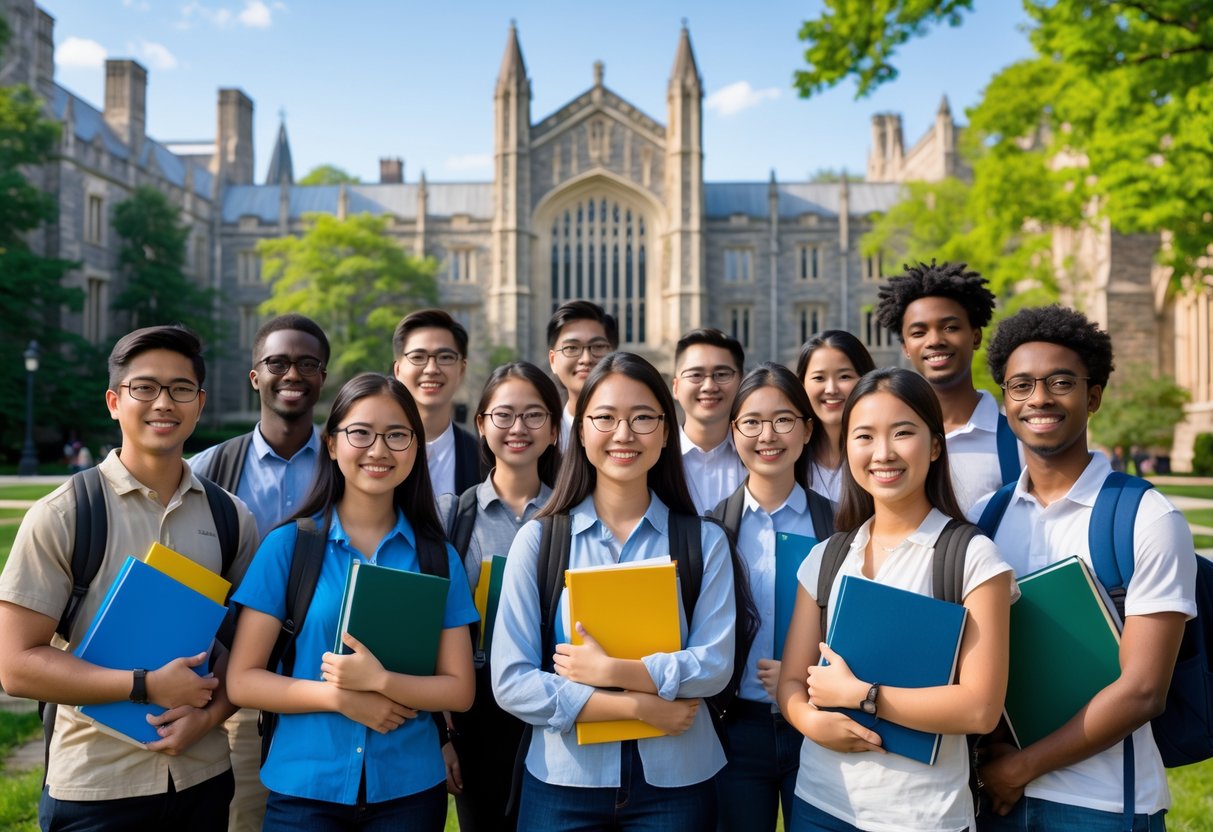 45 Fully Funded Scholarships at Yale University 2026 30 A group of diverse students standing outside Yale University campus with historic buildings and trees in the background.