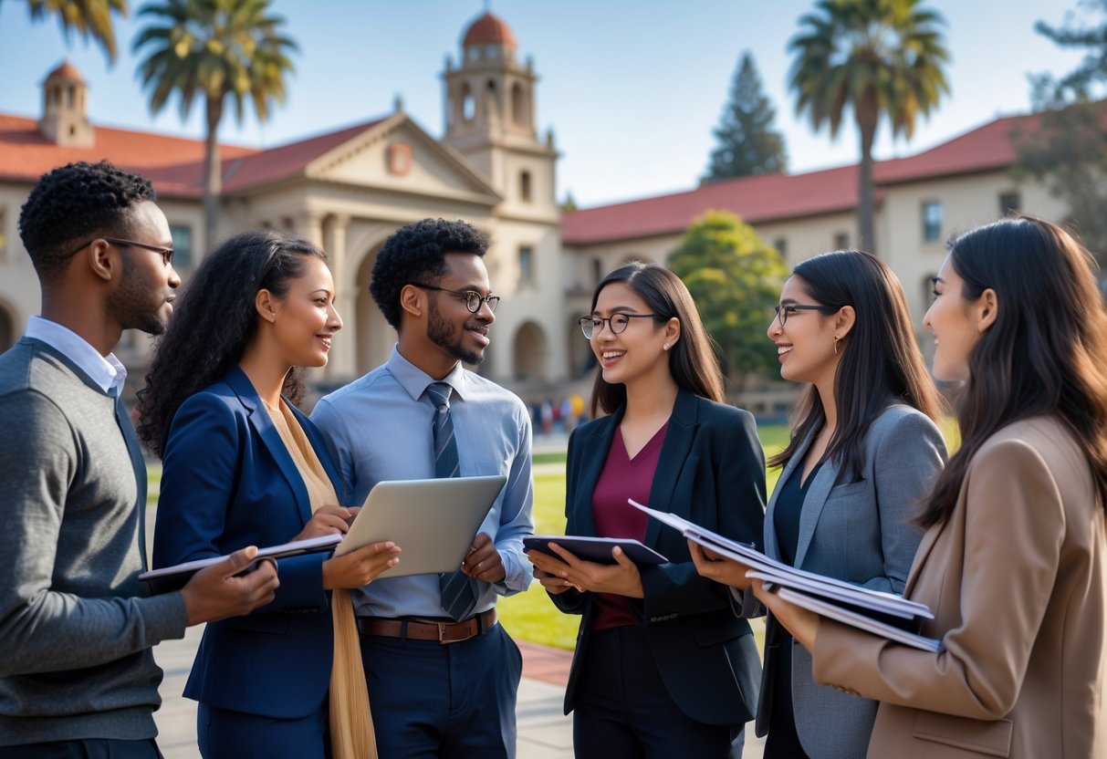 45 Fully Funded Scholarships at Stanford University 2026 27 A diverse group of young adults studying and discussing together outdoors on a university campus with red-tiled roofs and palm trees in the background.
