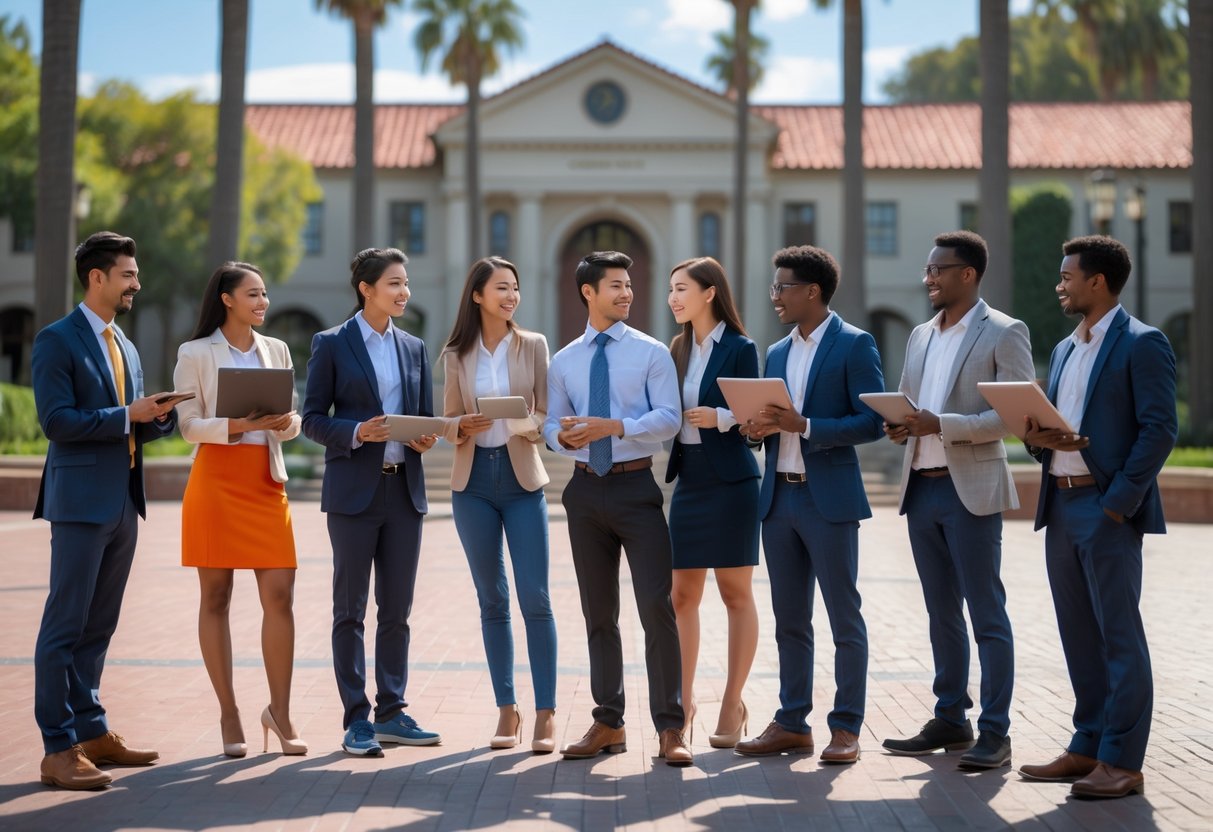45 Fully Funded Scholarships at Stanford University 2026 28 A group of diverse business students discussing together outdoors on a university campus with red-tiled roofs and palm trees in the background.