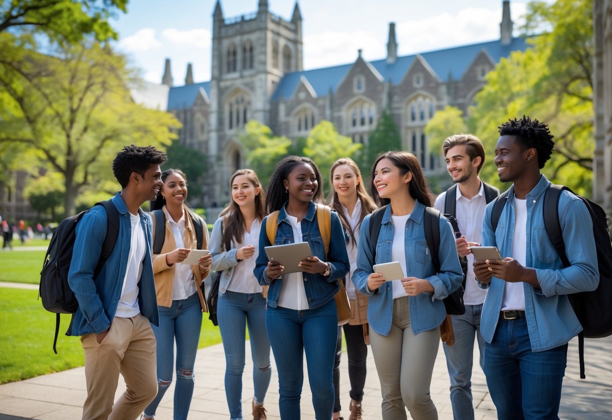 45 Fully Funded Scholarships at Yale University 2026 31 A group of diverse university students smiling and talking outdoors on a sunny day at Yale University campus with historic buildings in the background.