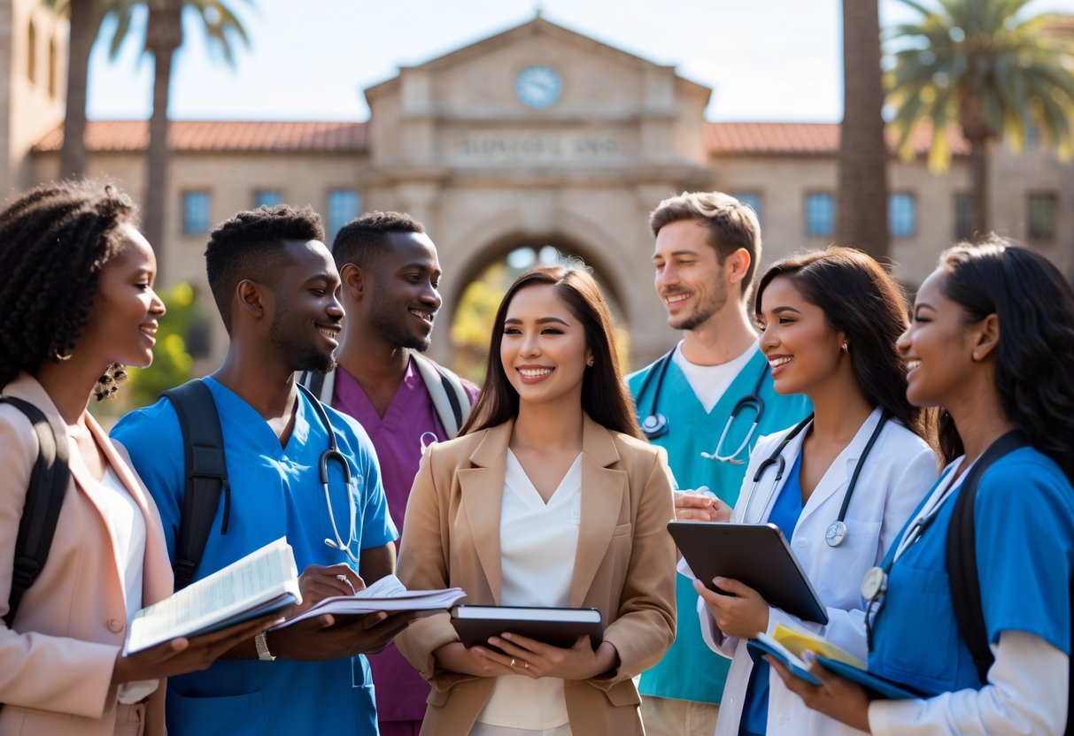 45 Fully Funded Scholarships at Stanford University 2026 29 A group of diverse medical students talking and studying together outdoors on the Stanford University campus with university buildings in the background.