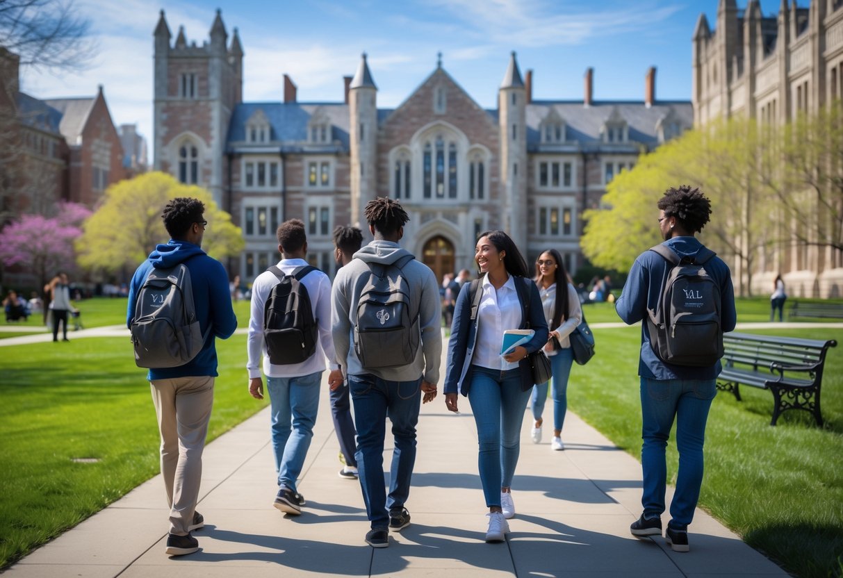45 Fully Funded Scholarships at Yale University 2026 32 Students walking and talking on the Yale University campus with historic buildings and green lawns in the background.