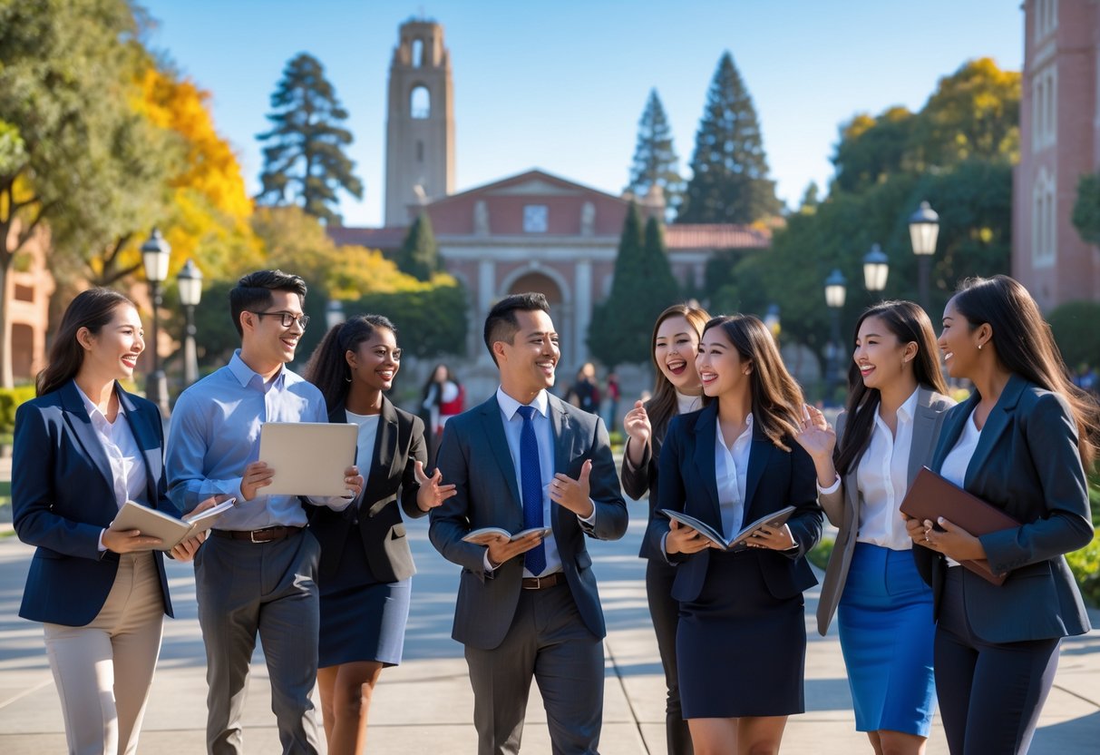 45 Fully Funded Scholarships at Stanford University 2026 30 A group of diverse law students talking and smiling outdoors on the Stanford University campus with iconic buildings and trees in the background.