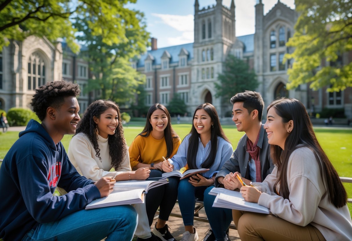 45 Fully Funded Scholarships at Yale University 2026 33 A group of diverse college students studying and talking together outdoors on a university campus with historic buildings and green lawns.